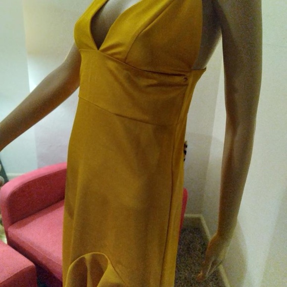 Golden yellow satin dress. Adjustable straps with a ruffle asymmetrical flare - Picture 2 of 9